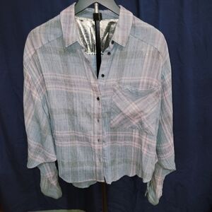 Free People Light Blue And Gray Plaid Shirt